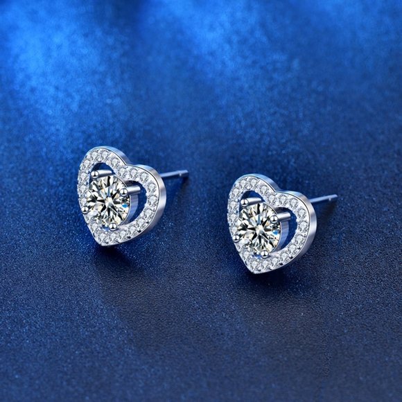 Certified 1 ct. t.w. Moissanite Diamond Heart Halo Stud Earrings NEW - Picture 5 of 11